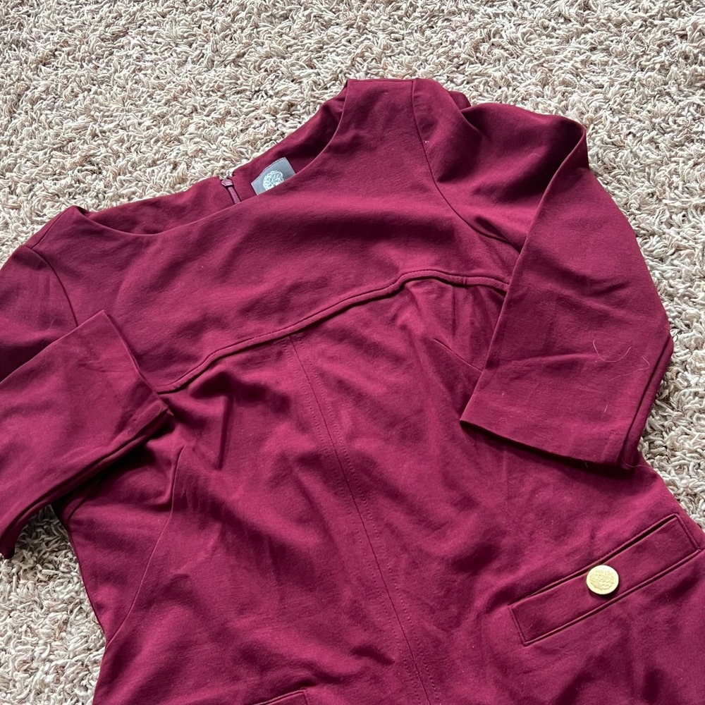 Vince Camuto‎ Burgundy Ponte Knit Sheath Dress 3/4 Sleeve Gold Buttons Size 6